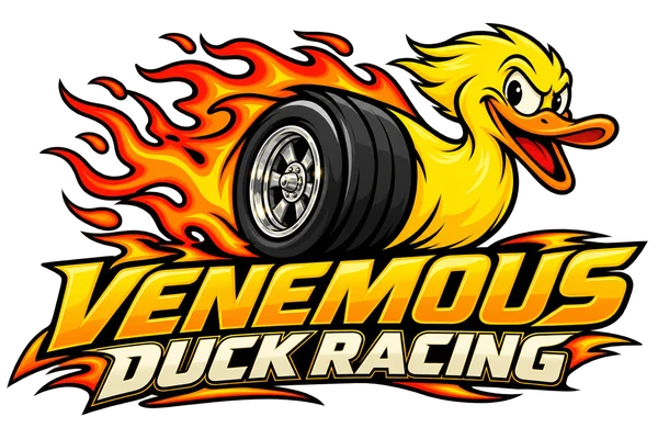Venemous Duck Racing — flaming duck and racing tire mascot